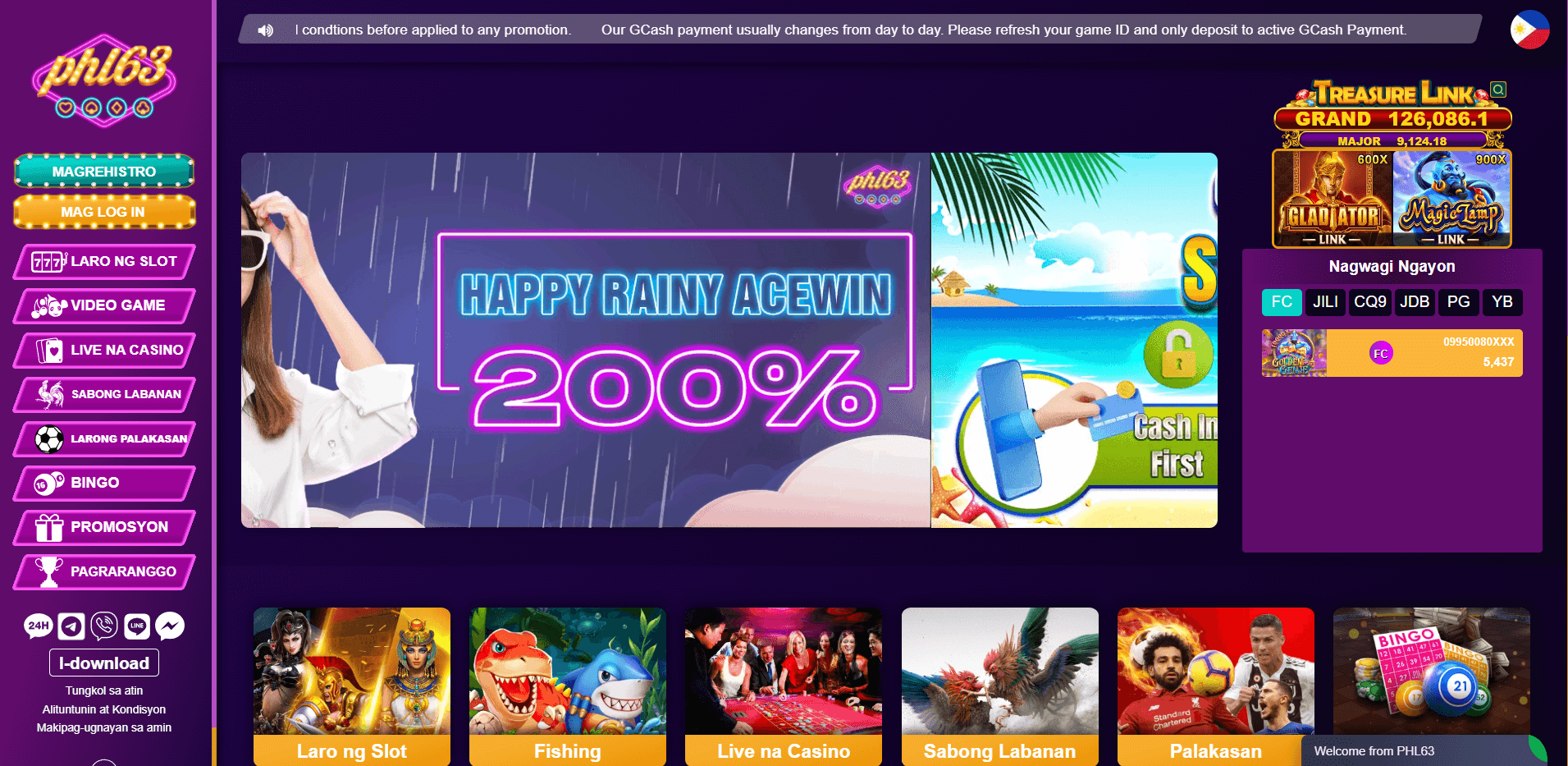 phl63 casino promotion screen highlighting bonus offers and festive design