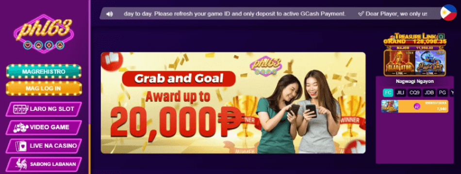 phl63 casino lobby and game selection interface screenshot